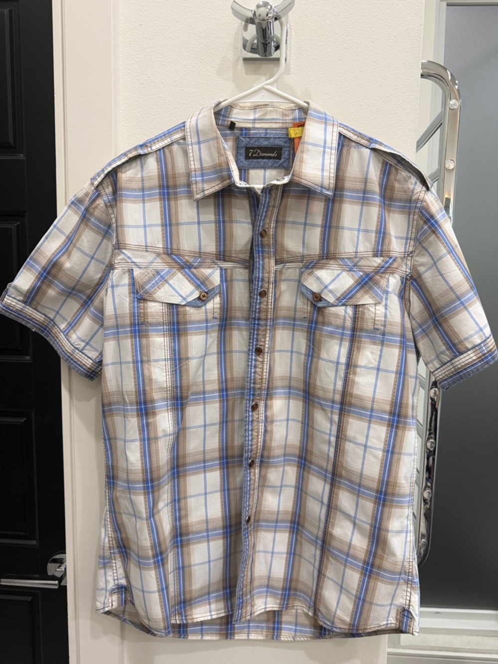 7 Diamonds Short Sleeve Plaid Button-Down Shirt - Blue & Brown